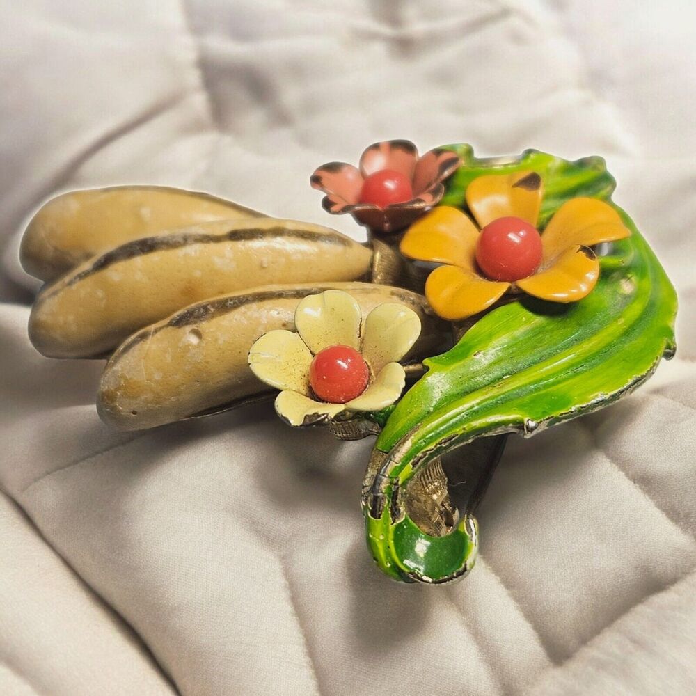 Selini Brooch 3d Banana Flower Tropical Fruit Selro Enamel Metal Pin Signed - Picture 6 of 10